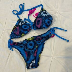 Women's Blue Abstract Strappy Top and Side Tie Bottom Bikini Set